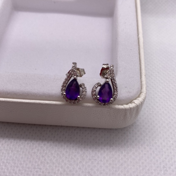 Sterling Silver with Genuine Amerhyst with white sapphire stud earrings - Picture 3 of 4